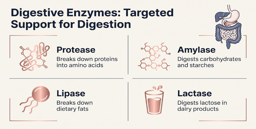 infographic showing four digestive enzymes protease amylase lipase and lactase with their functions for targeted digestion support